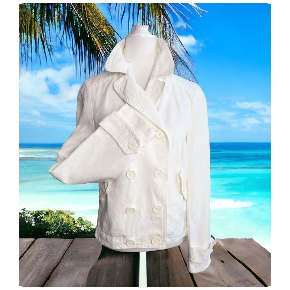 LACOSTE White Twill Denim Jacket Double Breasted Cotton/Linen Womens Size 42 (L)